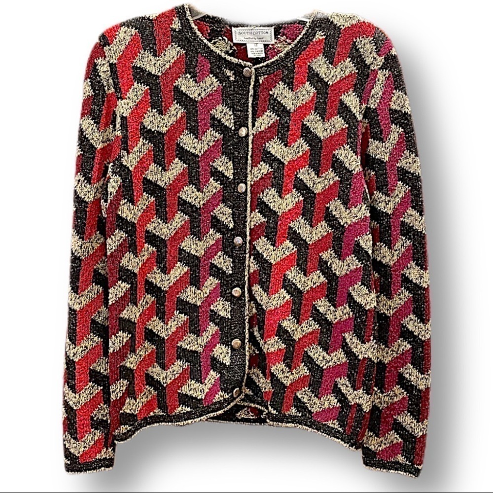South Cotton sweater jacket cardigan M vintage pristine geometric red black